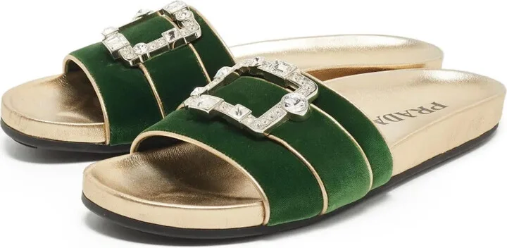 Crystal-Buckle Velvet Flat Sandals - Image 5