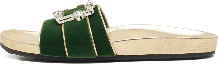 Crystal-Buckle Velvet Flat Sandals