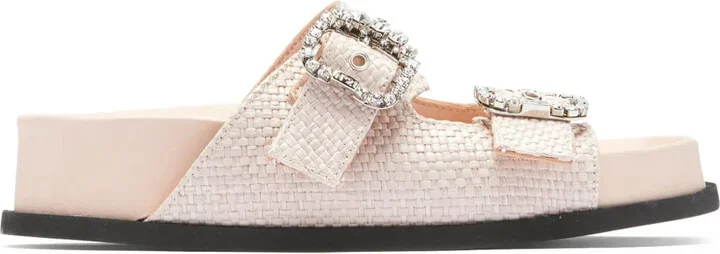 Crystal-Embellished Buckle Woven Slides