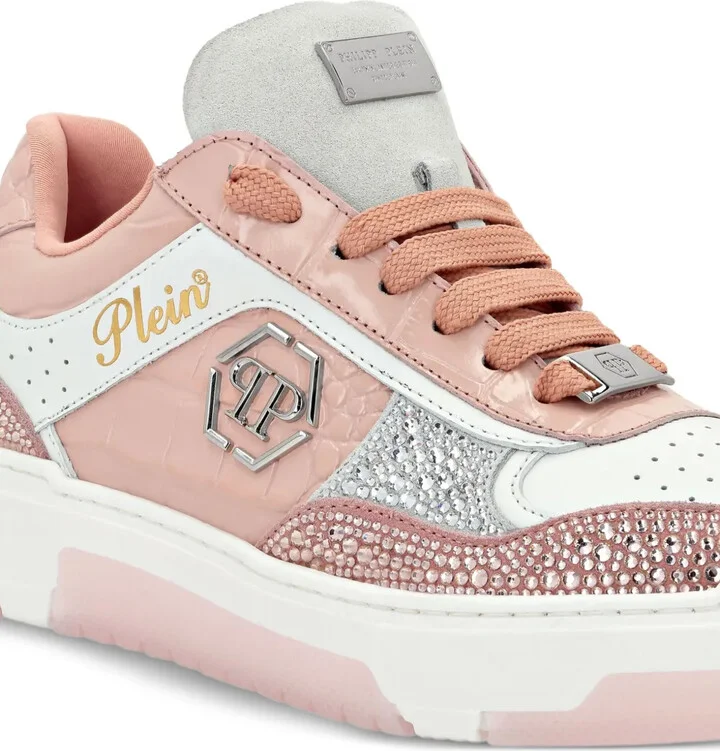 Crystal-Embellished Croc-Embossed Leather Sneakers - Image 4