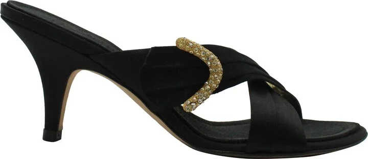 Crystal-Embellished Cross-Strap Mule Sandals in Black Satin