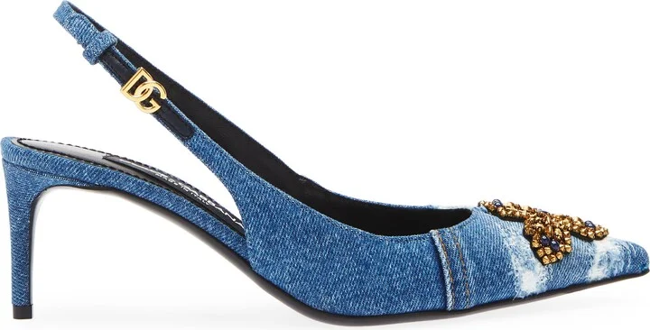 Crystal Embellished Denim Pointed Toe Slingback Pump - Image 3