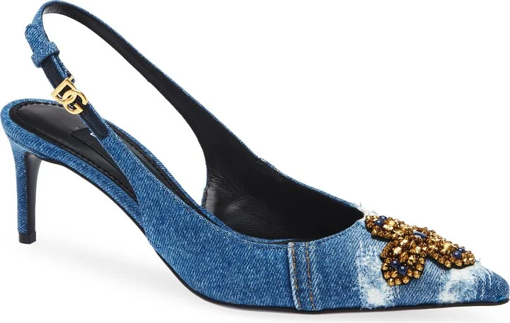 Crystal Embellished Denim Pointed Toe Slingback Pump