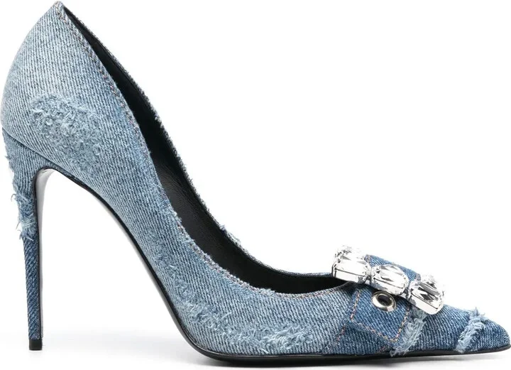 Crystal-Embellished Denim Pumps