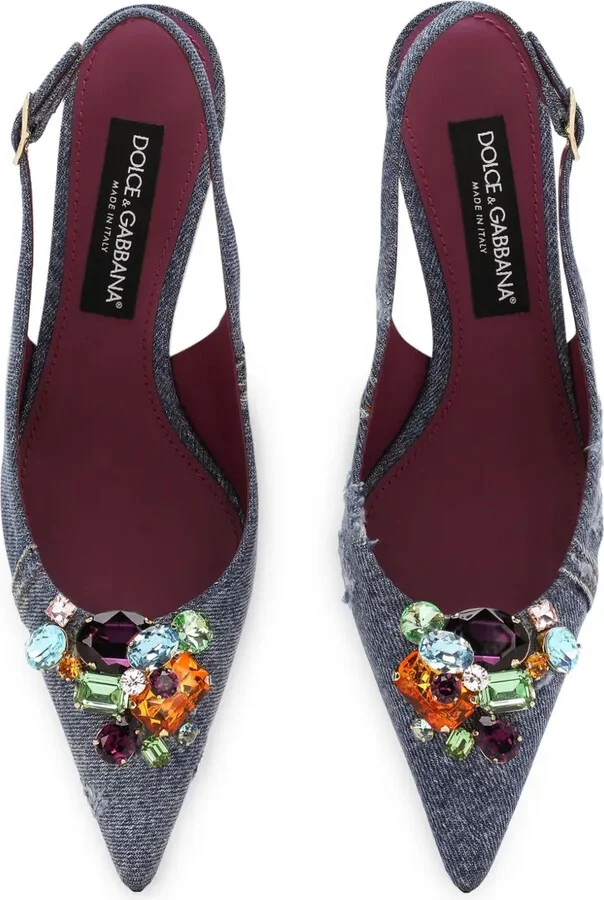 Crystal-Embellished Denim Slingback Pumps - Image 4
