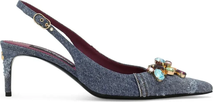 Crystal-Embellished Denim Slingback Pumps