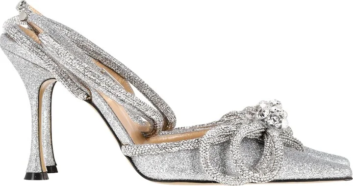 Crystal-Embellished Double Bow Pumps in Silver Glitter Canvas