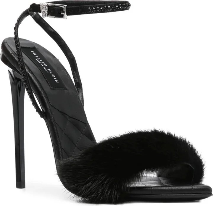 Crystal-Embellished Fur Sandals - Image 2
