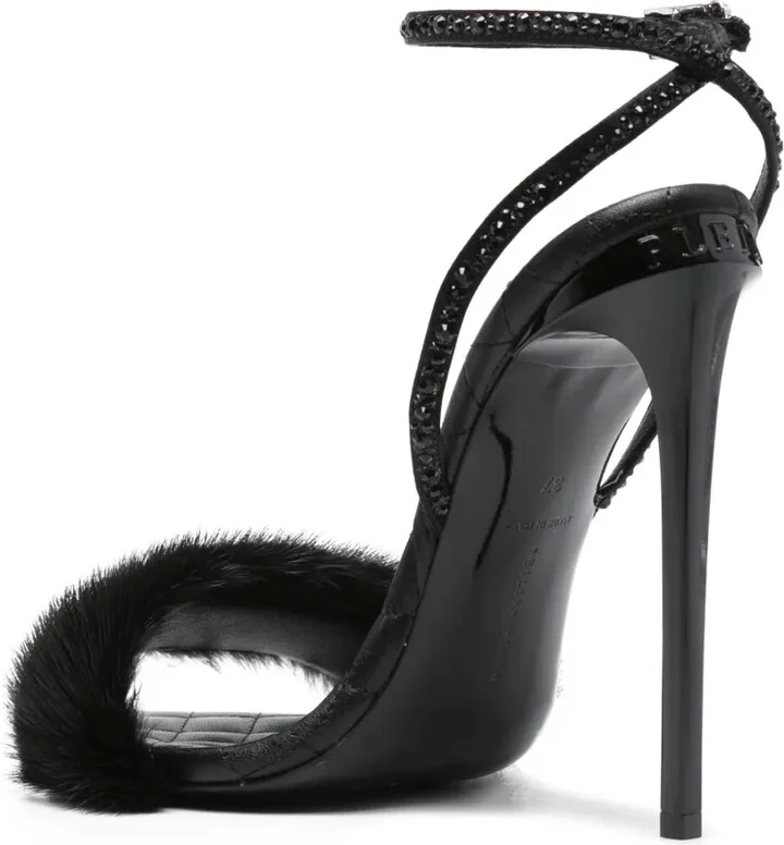 Crystal-Embellished Fur Sandals - Image 3