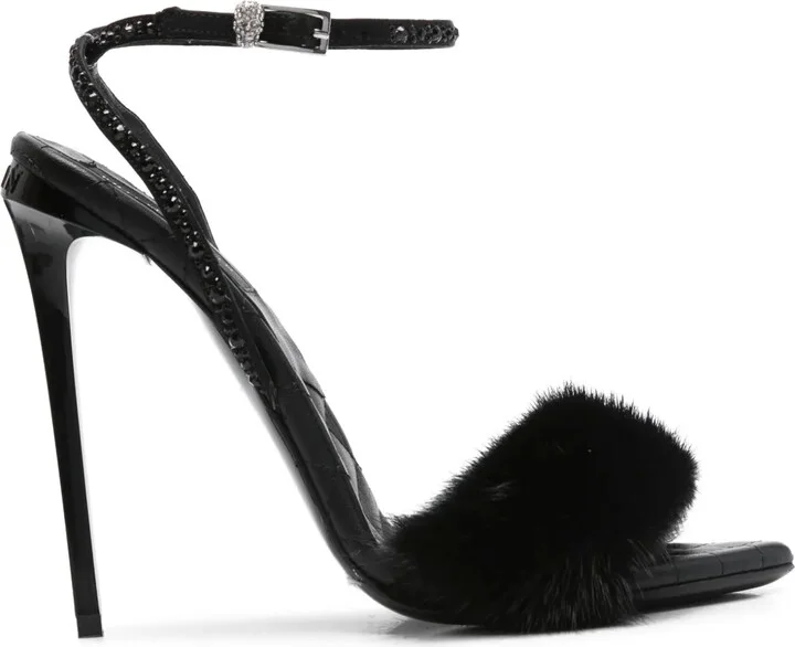 Crystal-Embellished Fur Sandals