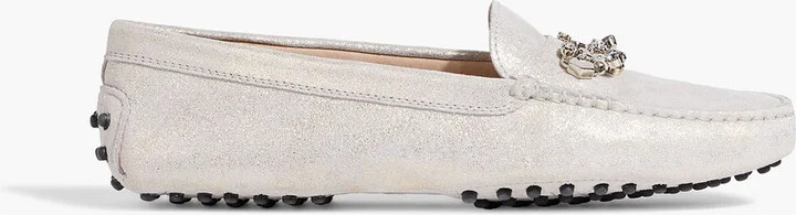 Crystal-embellished glittered suede loafers