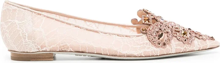 Crystal-Embellished Lace Ballerina Shoes