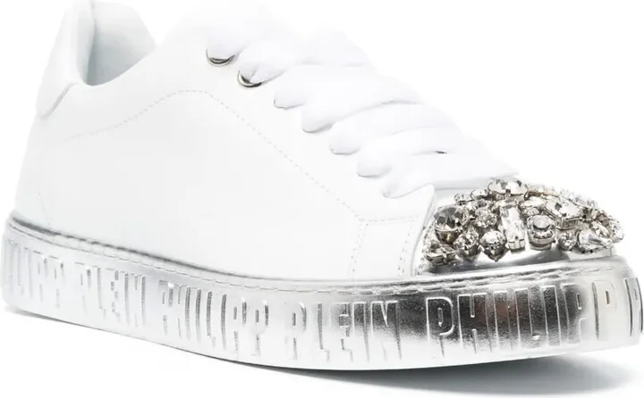 Crystal-Embellished Lace-Up Leather Sneakers - Image 2