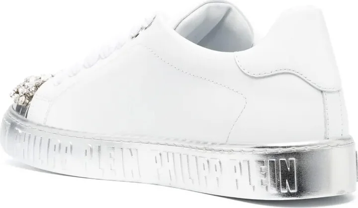 Crystal-Embellished Lace-Up Leather Sneakers - Image 3