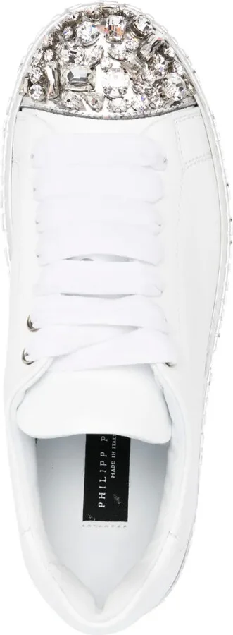 Crystal-Embellished Lace-Up Leather Sneakers - Image 4