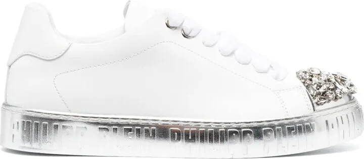 Crystal-Embellished Lace-Up Leather Sneakers