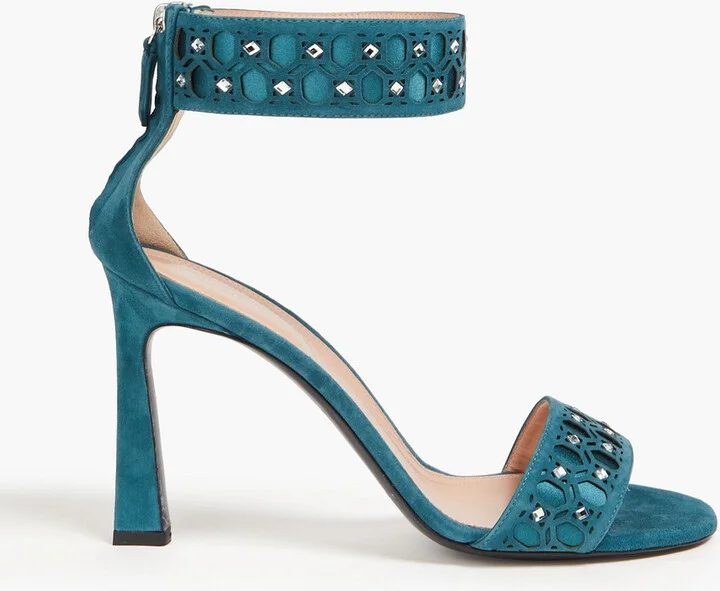 Crystal-embellished laser-cut suede sandals