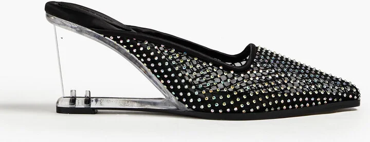 Crystal-embellished mesh wedge mules