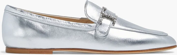 Crystal-embellished metallic leather loafers