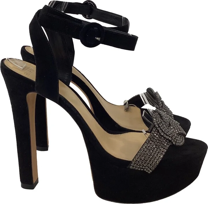 Crystal Embellished Platform Ankle Strap Sandals in Black Nubuck Leather