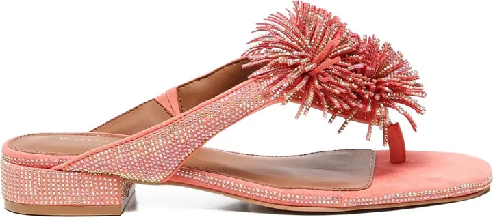 Crystal-Embellished Pom-Pom Sandals