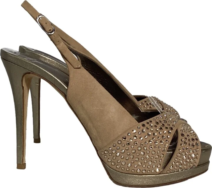 Crystal-Embellished Slingback Pumps in Brown Suede