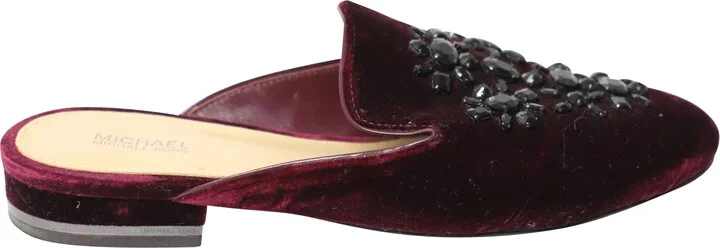Crystal-Embellished Slip-On Flat Mules in Burgundy Velvet