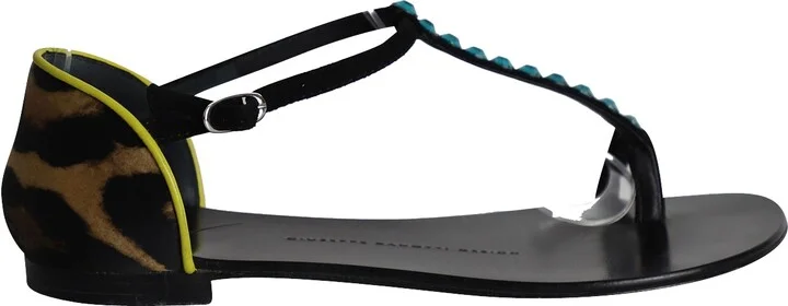 Crystal-Embellished T-strap Flat Sandals in Multicolor Leather