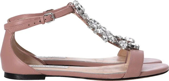 Crystal Embellished T-strap Flat Sandals in Pink Leather