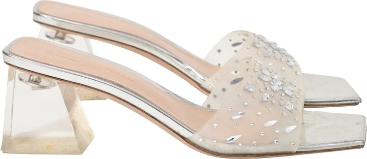 Crystal-Embellished Transparent Heels in Silver Leather