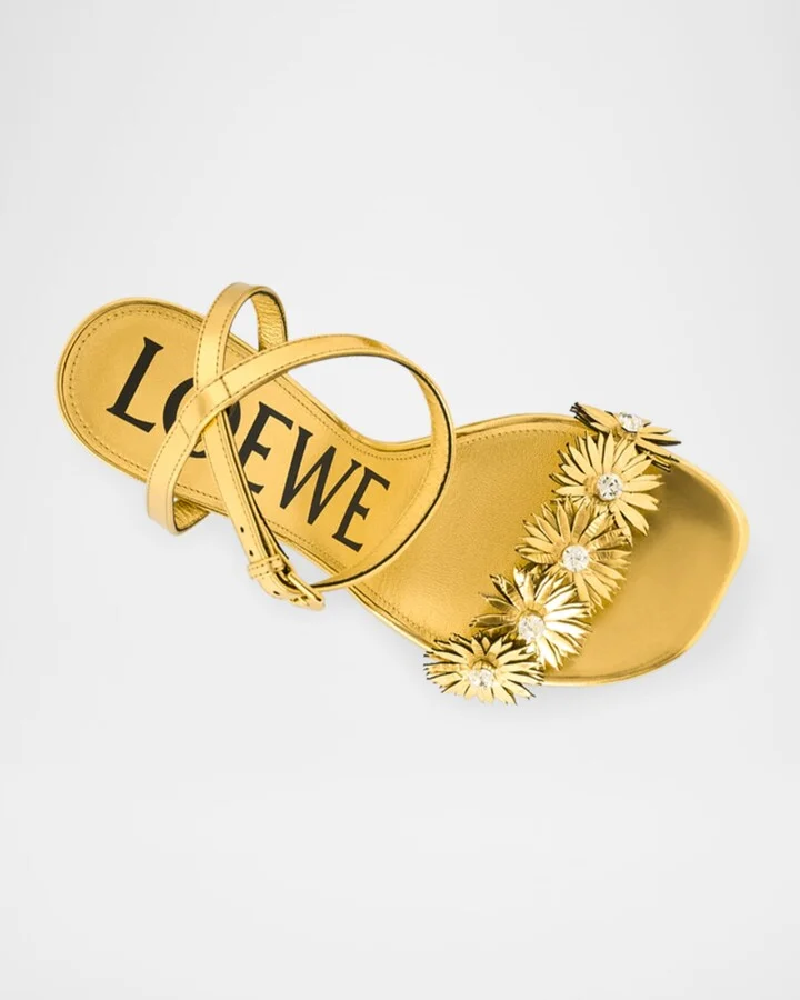 Crystal Flower Metallic Leather Ankle-Strap Sandals - Image 2