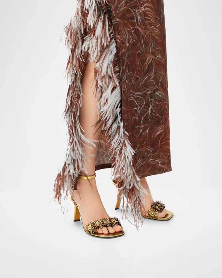 Crystal Flower Metallic Leather Ankle-Strap Sandals - Image 3