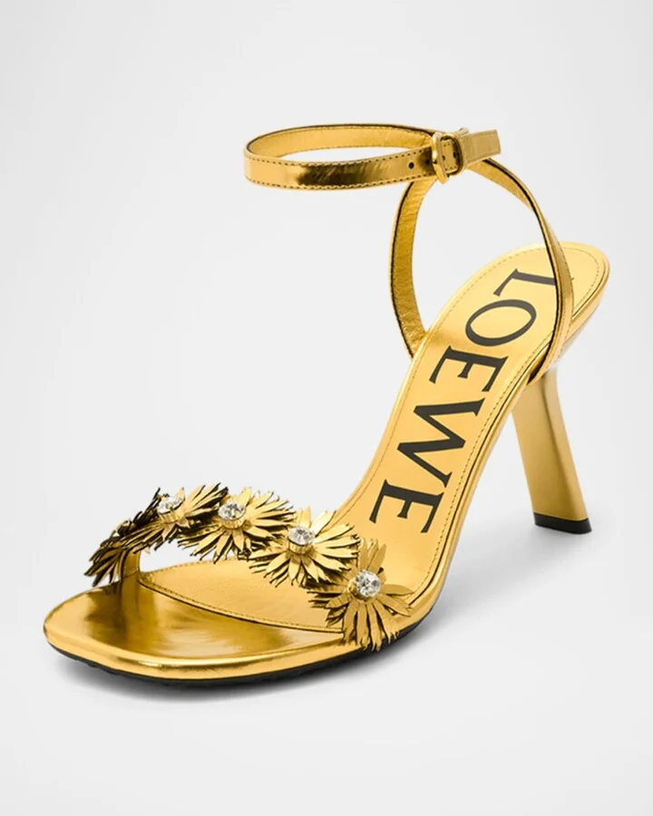 Crystal Flower Metallic Leather Ankle-Strap Sandals - Image 4