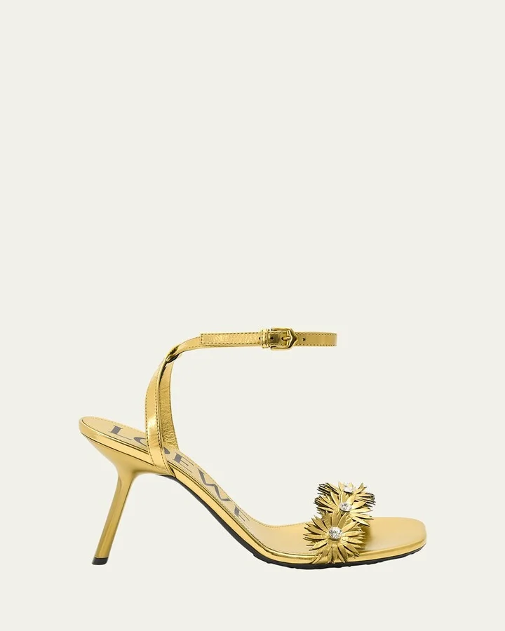 Crystal Flower Metallic Leather Ankle-Strap Sandals