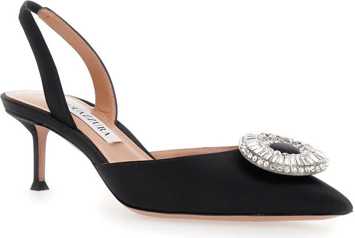 'Crystal Hoop' Black Slingback Pumps With Rhinestoned Embellishment And Kitten Heel In Tech Fabric Woman - Image 2