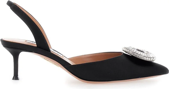 'Crystal Hoop' Black Slingback Pumps With Rhinestoned Embellishment And Kitten Heel In Tech Fabric Woman