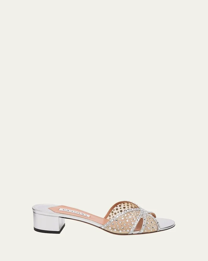 Crystal Metallic Block-Heel Slide Sandals