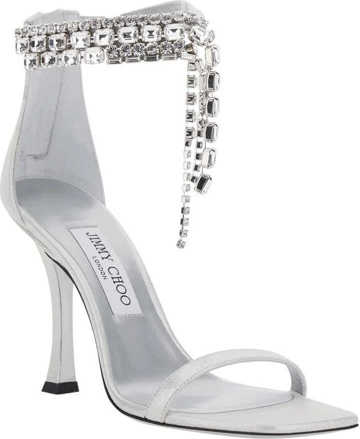 'Crystal' Metallic Sandals With Rhinestoned Ankle Strap And High Curved Heel In Leather Woman - Image 2
