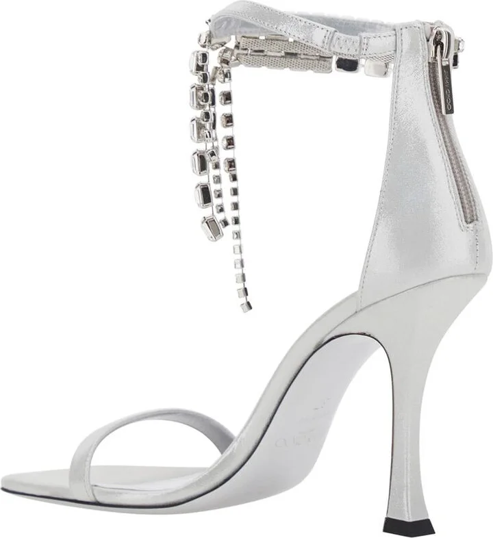 'Crystal' Metallic Sandals With Rhinestoned Ankle Strap And High Curved Heel In Leather Woman - Image 3