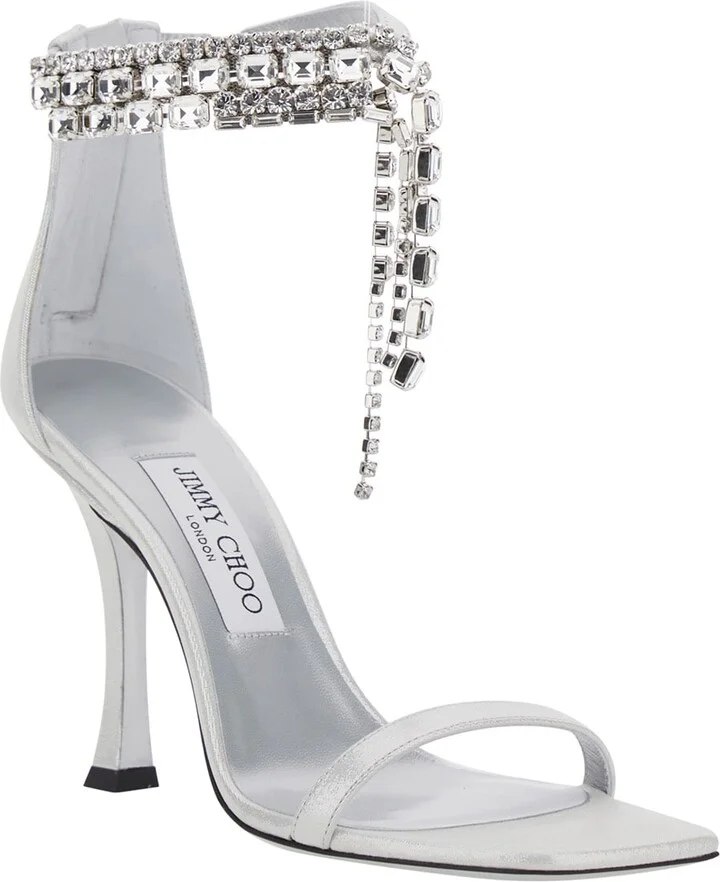 'crystal' Metallic Sandals With Rhinestoned Ankle Strap And High Curved Heel In Leather Woman - Image 2