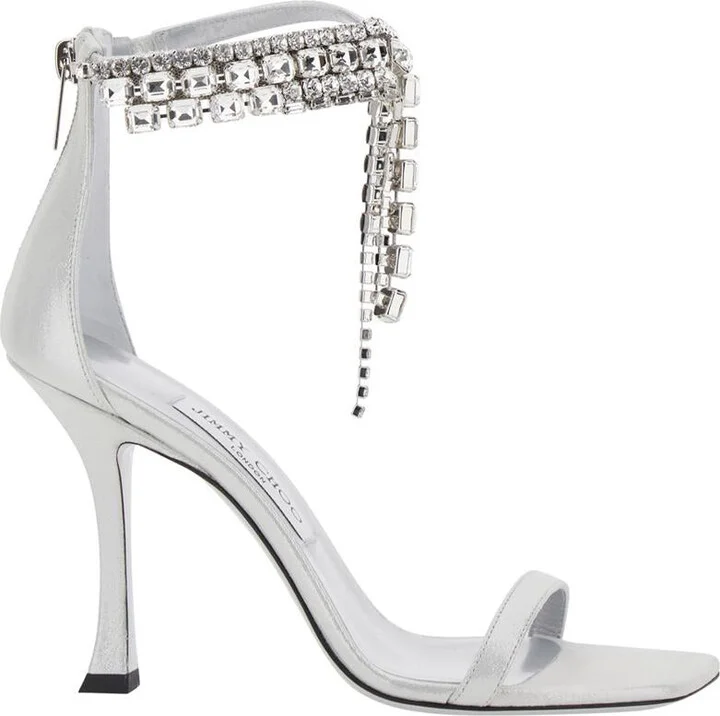 'Crystal' Metallic Sandals With Rhinestoned Ankle Strap And High Curved Heel In Leather Woman