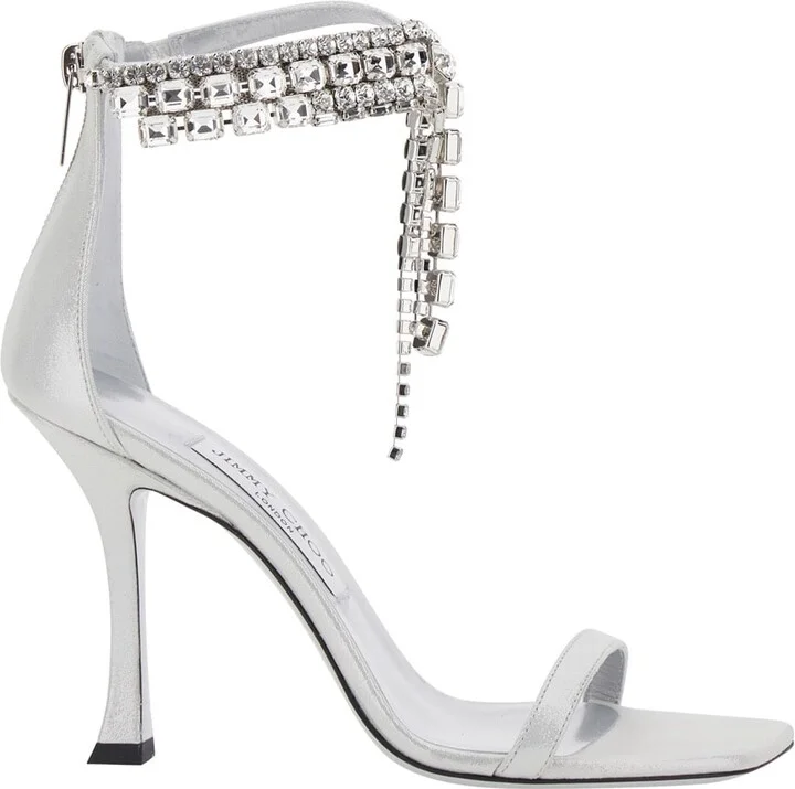 'crystal' Metallic Sandals With Rhinestoned Ankle Strap And High Curved Heel In Leather Woman