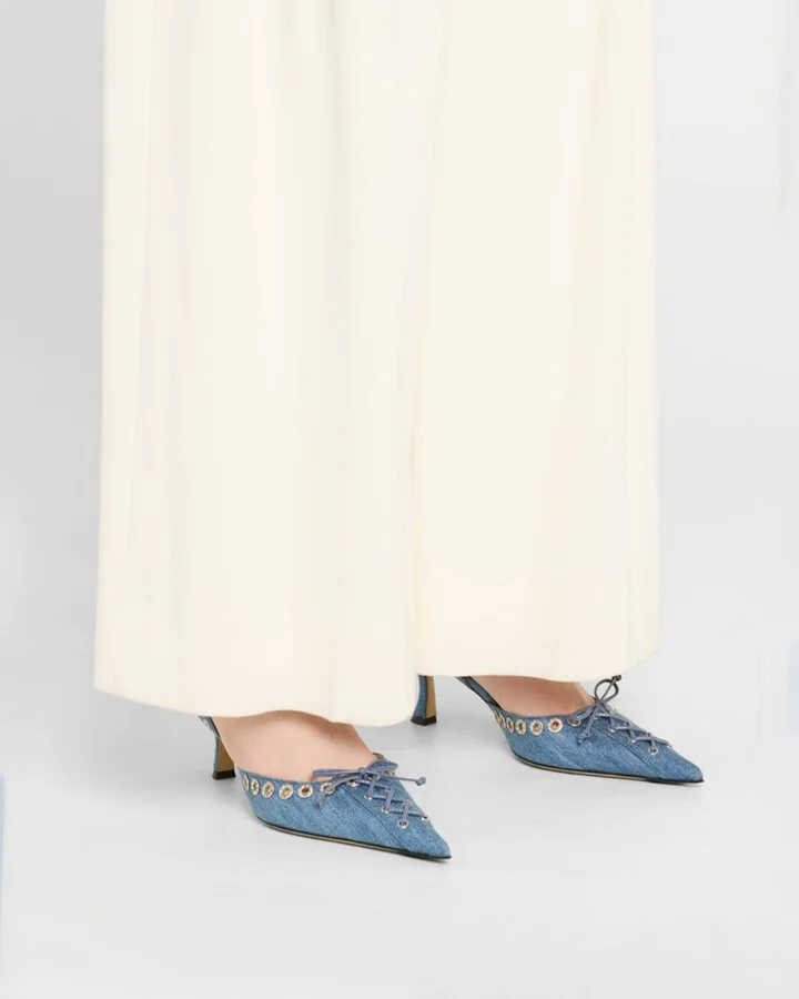 Crystalized Corset Denim Slingback Pumps - Image 5