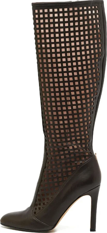Cut-Out Leather Knee-High Boots