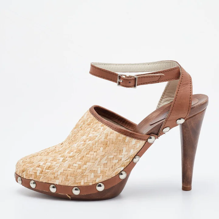 D & G Beige/Brown Raffia and Leather Ankle Strap Clog Sandals Size 38