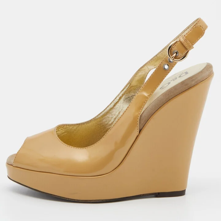 D & G Beige Patent Leather Peep Toe Slingback Wedge Sandals Size 38.5