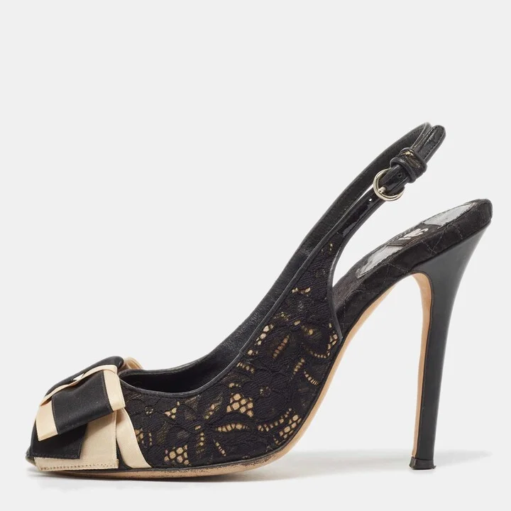 D & G Black Black Leather and Lace Bow Peep Toe Slingback Pumps Size 39