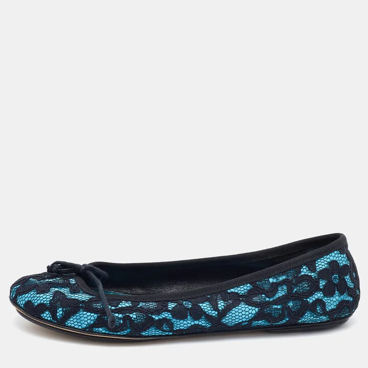 D & G Black/Blue Lace and Satin Bow Ballet Flats Size 39