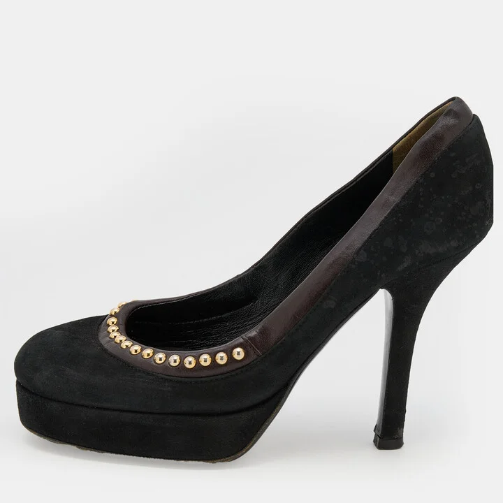 D & G Black/Dark Brown Suede and Leather Studded Platform Pumps Size 37