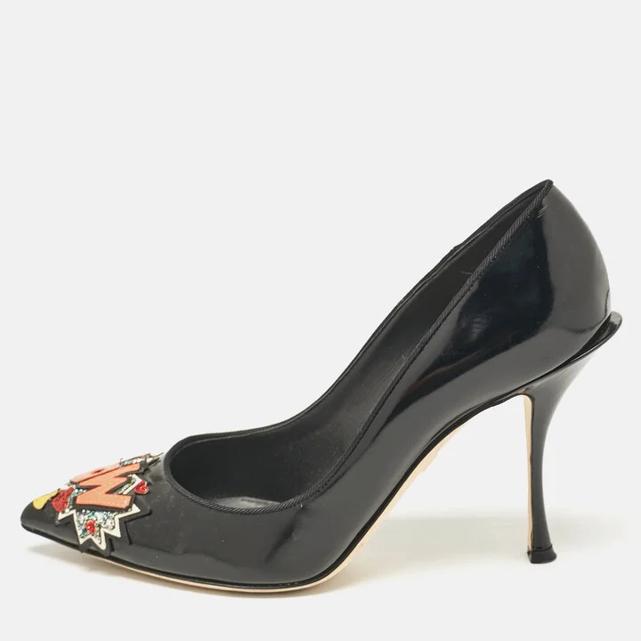 D & G Black Patent Leather Wow Patch Pumps Size 39